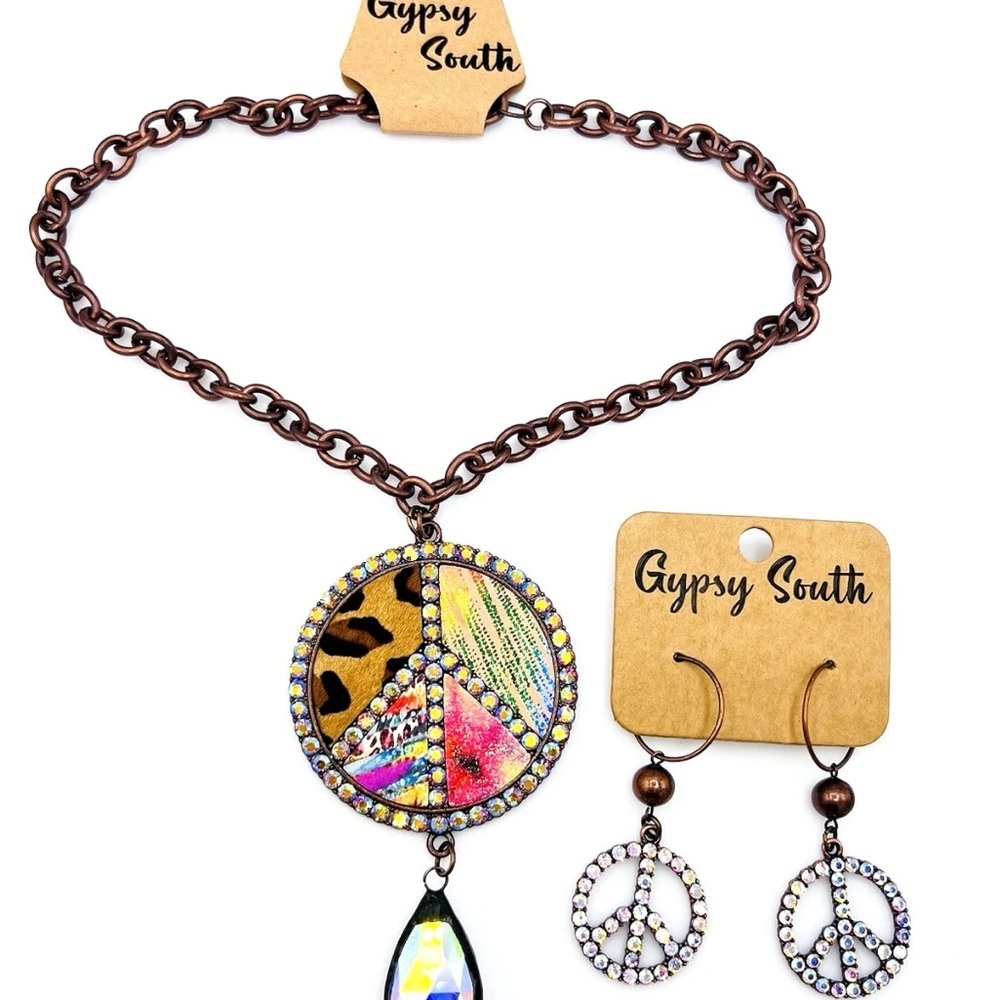 Gypsy South BOHO Mixed Print Peace Sign Necklace Dangle AB Crystal Earrings Set